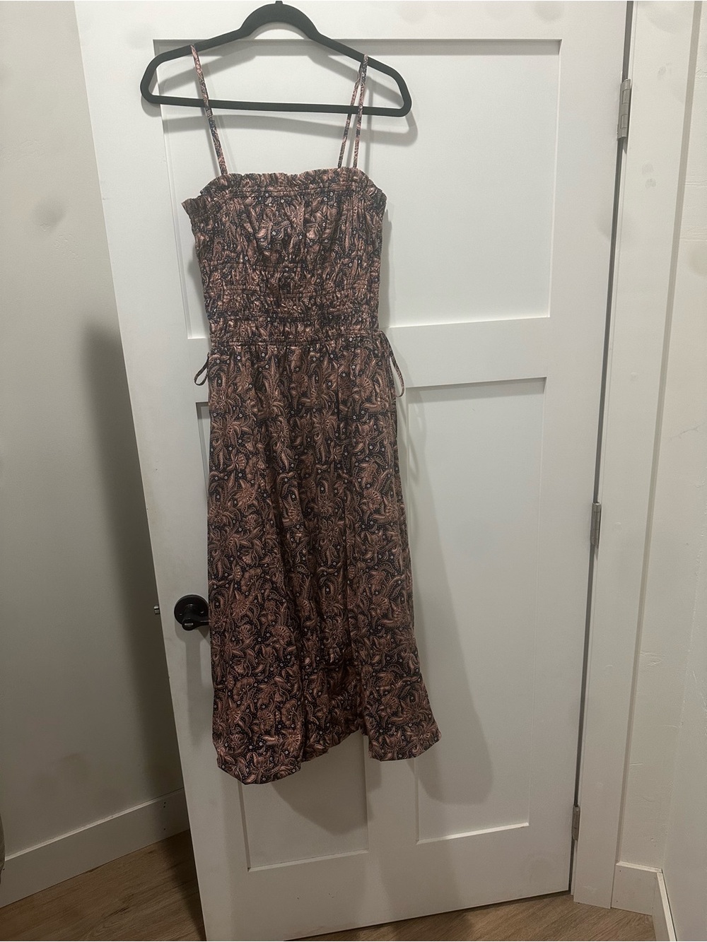 Smocked Floral Print Midi Dress in Brown